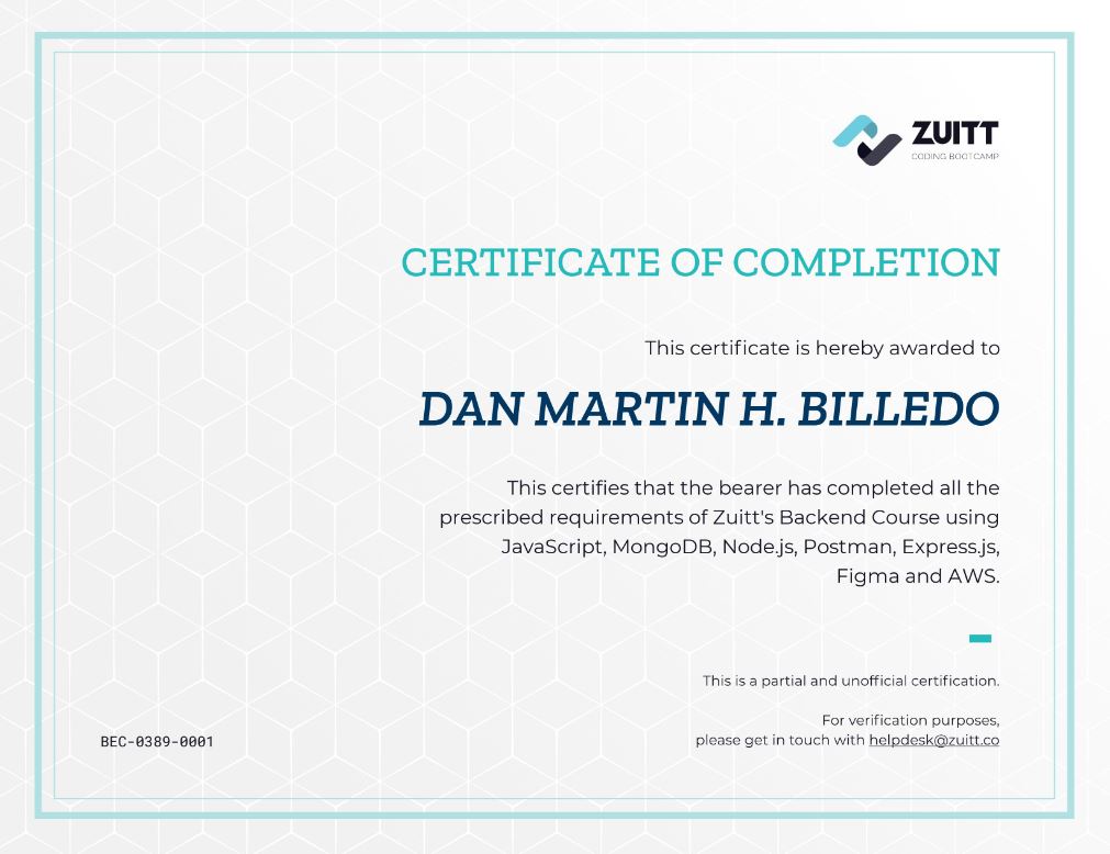 BackEnd Developer Certificate